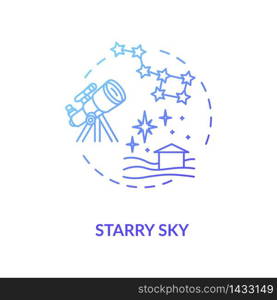 Starry sky blue concept icon. Watch constellation with telescope. Night sky observation in countryside. Country camping idea thin line illustration. Vector isolated outline RGB color drawing. Starry sky blue concept icon