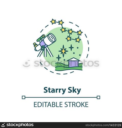 Starry sky concept icon. Watch constellation with telescope. Night sky observation. Country camping idea thin line illustration. Vector isolated outline RGB color drawing. Editable stroke. Starry sky concept icon