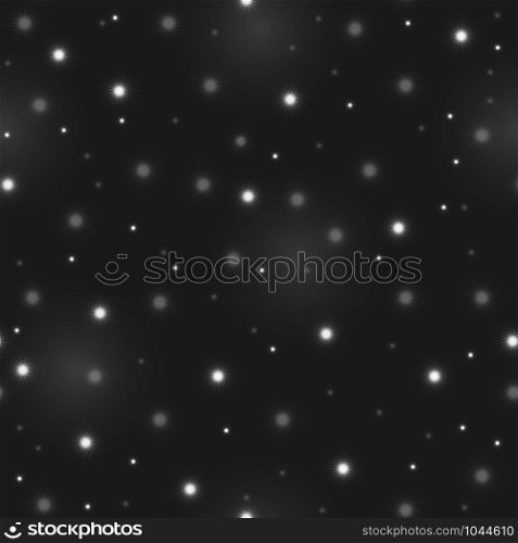 Starry sky seamless pattern, dark background with light reflections for fabrics, wrappers and designs.