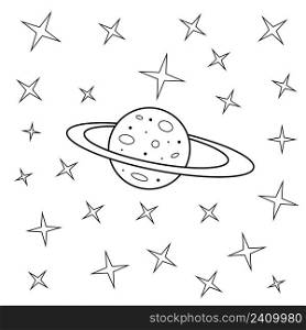 Starry sky simple drawing of a planet and stars, vector night sky with celestial bodies