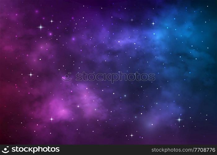 Starry universe, space galaxy nebula, stars and stardust. Vector cosmic background with blue and purple realistic nebulosity and shining stars. Colorful cosmos infinite, night sky wallpaper backdrop. Starry universe, space galaxy nebula and stars