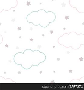 Stars and clouds pastel gentle pattern vector illustration. Scandinavian minimalistic baby background. Template for wallpaper, packaging, children s room and textiles.. Stars and clouds pastel gentle pattern vector illustration.
