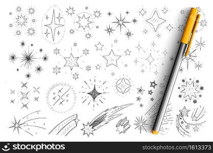 Stars and comets doodle set. Collection of hand drawn minimal silhouettes of stars, comet, constellation in galaxy and universe levitating and falling isolated on transparent background. Stars and comets doodle set