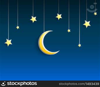 Stars and crescent moon hanged a rope on blue background.Vector