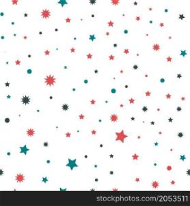 Stars and dots, snowflakes or circles abstract composition. Snowing and wintertime decoration, repeating minimalist simple design. Seamless pattern, background or print. Vector in flat style. Abstract starry and dotted seasmless patterns