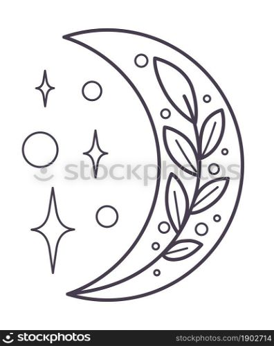 Stars and glowing with crescent moon, isolated icon of magical symbol. Decorative flora or botany used for spells. Magic and witchcraft. Tattoo sketch. Colorless line art, vector in flat style. Crescent moon with stars and glowing line art