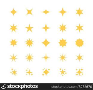 Stars and sparkles icons. Glitter party decoration elements, shiny dust burst and cosmic decorative symbols. Vector isolated set. Magic glowing and shining lights, festive sparking objects. Stars and sparkles icons. Glitter party decoration elements, shiny dust burst and cosmic decorative symbols. Vector isolated set
