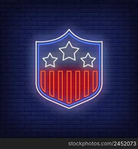 Stars and stripes on shield neon sign. American flag symbols, USA, emblem. Vector illustration in neon style for festive independence day banners, light billboards, 4th July flyers