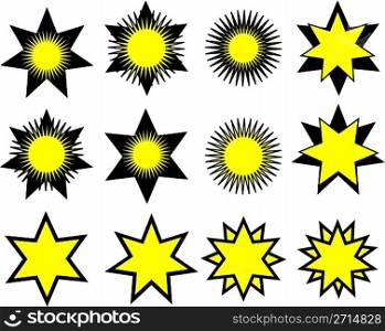 Stars and suns yellow on black isolated on white