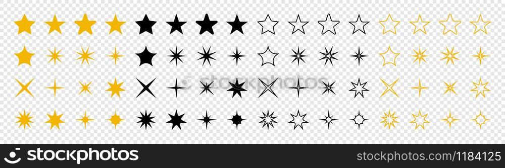 Stars collection. Star vector icons. Golden and Black set of Stars, isolated on transparent background. Star icon. Stars in modern simple flat style. Vector illustration