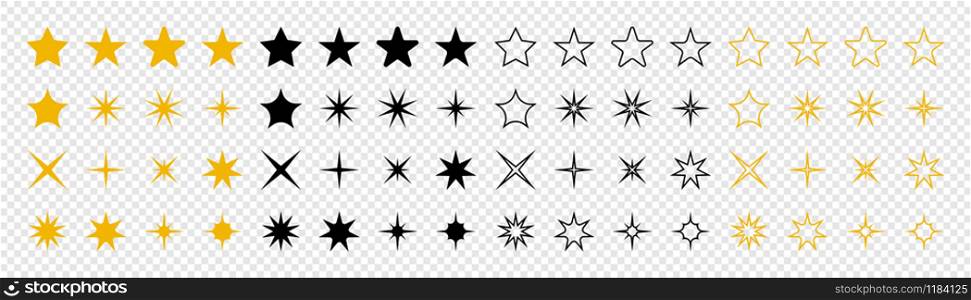 Stars collection. Star vector icons. Golden and Black set of Stars, isolated on transparent background. Star icon. Stars in modern simple flat style. Vector illustration