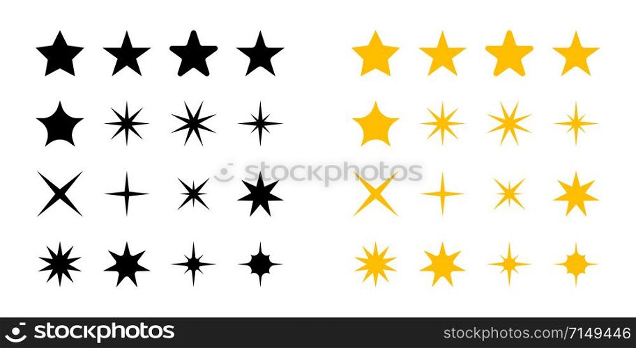 stars collection. stars black and yellow color, vector icons, isolated on white background. stars in modern simple flat style for web design. vector illustration