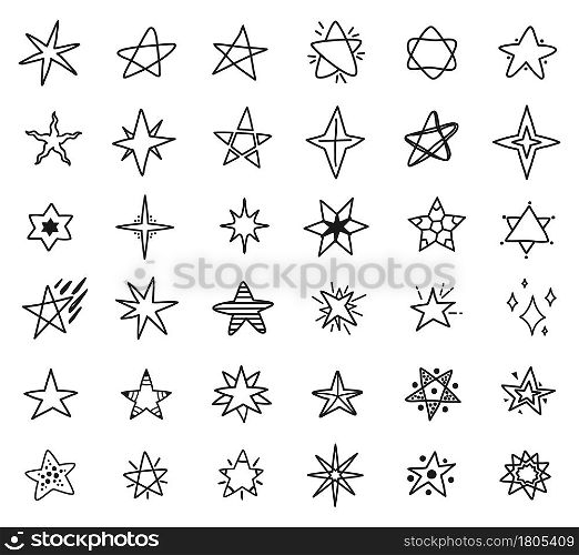 Stars doodle drawings, hand drawn star sketches. Simple cute stars, sparkles or starbursts elements for kids textile or patterns vector set. Cosmic objects outline of different shapes. Stars doodle drawings, hand drawn star sketches. Simple cute stars, sparkles or starbursts elements for kids textile or patterns vector set