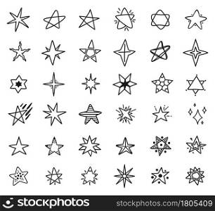 Stars doodle drawings, hand drawn star sketches. Simple cute stars, sparkles or starbursts elements for kids textile or patterns vector set. Cosmic objects outline of different shapes. Stars doodle drawings, hand drawn star sketches. Simple cute stars, sparkles or starbursts elements for kids textile or patterns vector set