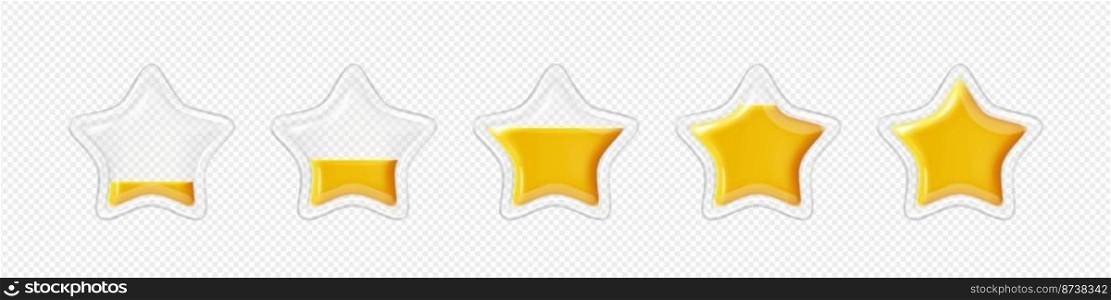 Stars game score filling animation frame from empty to full row. Ui or gui rate yellow golden glossy assets for app user interface and display, winner achievement, bonus Cartoon vector illustration. Stars game score filling animation frame, bonus