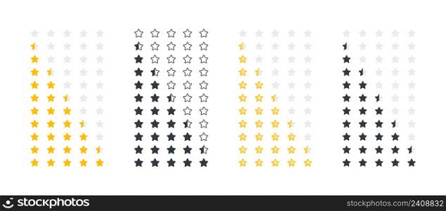 Stars icons set. Rating stars icons. Product rating or customer review with gold stars and half star. Vector images