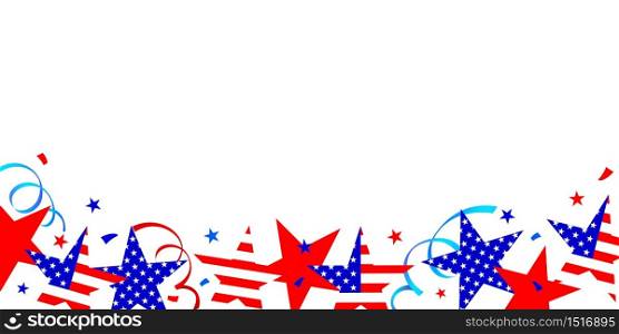 Stars in national colors background. Fourth of July holiday long horizontal border. USA Independence Day Decoration. Illustration.