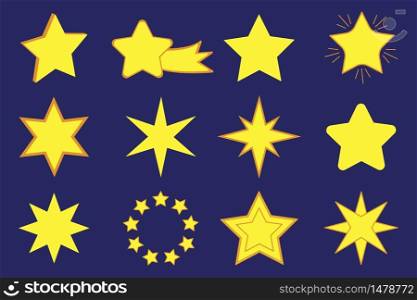Stars in the game style of the cartoon. Vector ui icons interface. Gold, glossy star shape. Stock image.