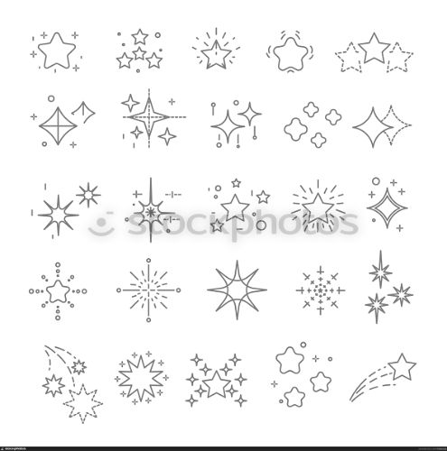 Stars isolated line icons, decorative star-shaped objects, holiday symbol, special event design vector. Snowflake and rhombus, shine or shimmer effect. Sparkles and Christmas decor linear symbols. Star-shaped objects or stars and sparkles isolated outline icons