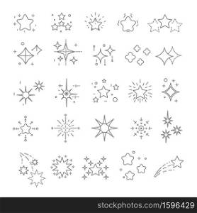 Stars isolated line icons, decorative star-shaped objects, holiday symbol, special event design vector. Snowflake and rhombus, shine or shimmer effect. Sparkles and Christmas decor linear symbols. Star-shaped objects or stars and sparkles isolated outline icons
