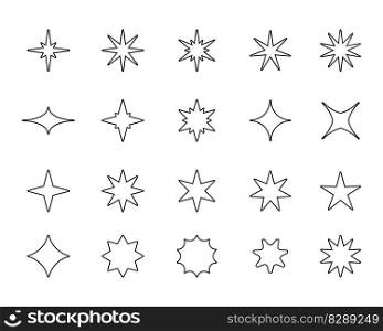 Stars line icons. Outline flying shining sparkles, different types of fantasy sky and galaxy asterism. Vector linear star symbol collection. Shining or twinkling lights, flat glares. Stars line icons. Outline flying shining sparkles, different types of fantasy sky and galaxy asterism. Vector linear star symbol collection