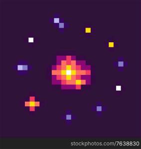 Stars of galaxy in pixel outer space game vector, starry sky with planets in circle, burst big explosion, 8 bit graphics of elements, infinity flat style. Starry Sky, Space Pixel Game, Celestial Body Set