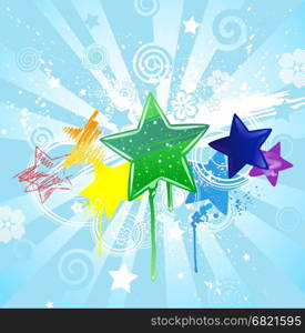 stars: red, yellow, orange, green, blue and purple, carelessly painted different colors: gel, watercolor, pastel, radiant in a blue background.&#xA;