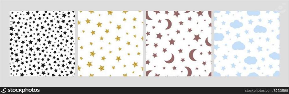 Stars seamless pattern set. Black golden star textures, simple moon and clouds background. Vector textile prints basic shapes, baby cloth design or wallpaper of background star wallpaper illustration. Stars seamless pattern set. Black golden star textures, simple moon and clouds background. Vector textile prints basic shapes, baby cloth design or wallpaper