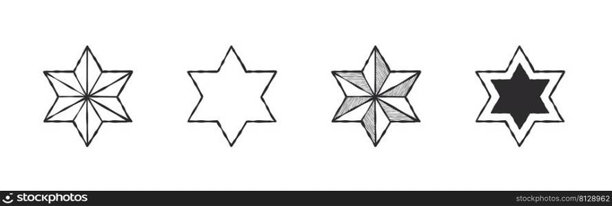 Stars. Six pointed star. Stars drawn by hand with different textures. Vector images