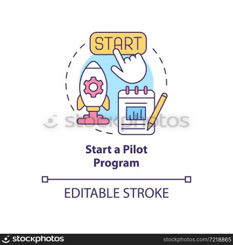 Start a pilot program concept icon. Test new technology. Launch short time project. Small scale experiment abstract idea thin line illustration. Vector isolated outline color drawing. Editable stroke. Start a pilot program concept icon