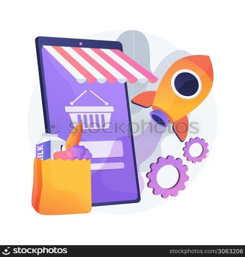 Start and launch your online store abstract concept vector illustration. Small business amid pandemic, grocery and essentials curbside pickup, accept orders and payment abstract metaphor.. Start and launch your online store abstract concept vector illustration.