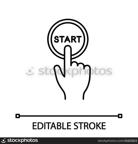 Start button click linear icon. Launch. Hand pushing button. Thin line illustration. Contour symbol. Vector isolated outline drawing. Editable stroke. Start button click linear icon