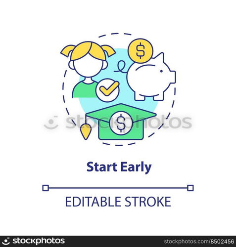 Start early concept icon. Money for education. Tip for saving for college abstract idea thin line illustration. Isolated outline drawing. Editable stroke. Arial, Myriad Pro-Bold fonts used. Start early concept icon