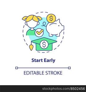 Start early concept icon. Money for education. Tip for saving for college abstract idea thin line illustration. Isolated outline drawing. Editable stroke. Arial, Myriad Pro-Bold fonts used. Start early concept icon