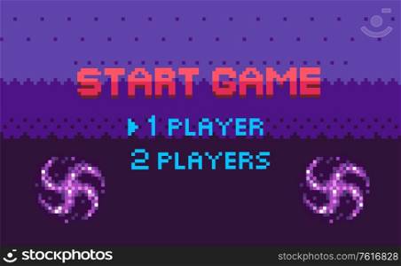 Start game, choose player, space pixel game in purple color decorated by stars, screen of war video-game with wye sign, shine element, adventure vector, menu for pixelated app games. Pixel Game, Start Choosing Page, Player Vector