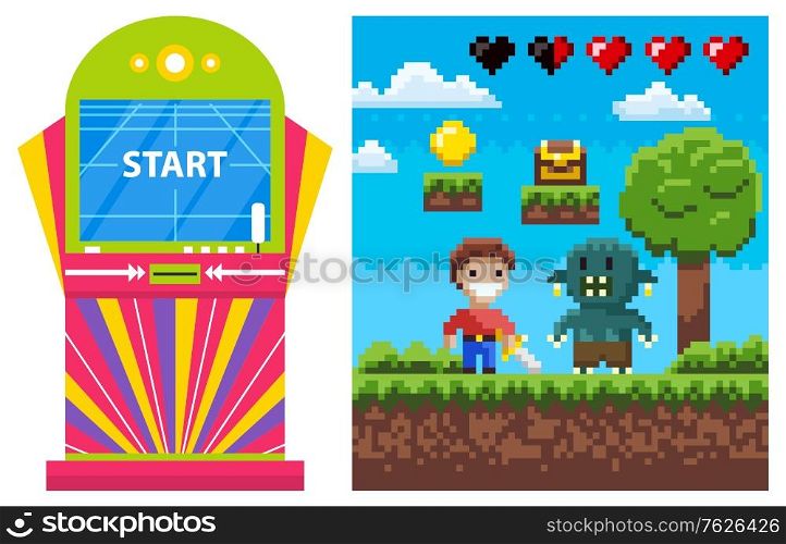Start game on colorful gambling machine. Screen of pixel video-game, battle of knight and geek, pixelated coin and chest on ground, adventure and war vector. Flat cartoon. Gambling Machine, Pixel Game, Heroes War Vector