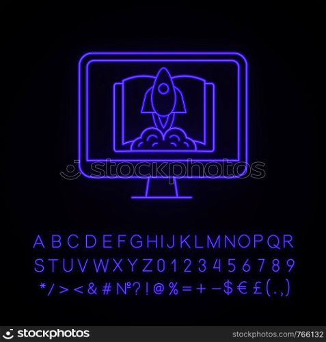 Start learning neon light icon. Express course for beginners. Online education. E-learning. Distance education. Glowing sign with alphabet, numbers and symbols. Vector isolated illustration. Start learning neon light icon