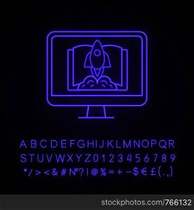 Start learning neon light icon. Express course for beginners. Online education. E-learning. Distance education. Glowing sign with alphabet, numbers and symbols. Vector isolated illustration. Start learning neon light icon