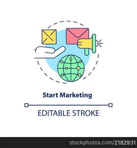 Start marketing concept icon. Promotional c&aign. Export business tips abstract idea thin line illustration. Isolated outline drawing. Editable stroke. Arial, Myriad Pro-Bold fonts used. Start marketing concept icon