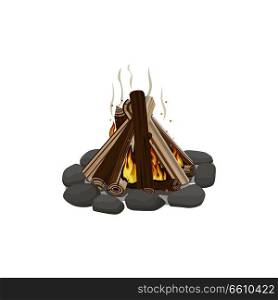Start of firewood burning. Campfire bonfire surrounded by stones on white background. Firewood element with wood piles. Outdoor pastime on nature. Isolated vector illustration of fire in cartoon style. Start of Firewood Surrounded by Stones Burning
