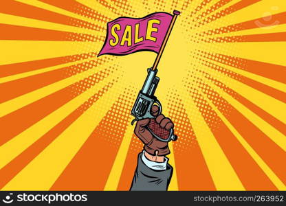 start of sale, starter pistol. Comic cartoon pop art retro vector illustration drawing. start of sale, starter pistol