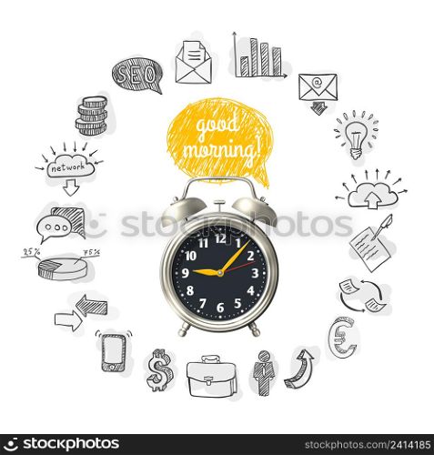Start of work round composition with hand drawn business icons and clock with speech bubble vector illustration . Start Of Work Round Composition