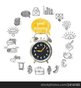 Start of work round composition with hand drawn business icons and clock with speech bubble vector illustration . Start Of Work Round Composition