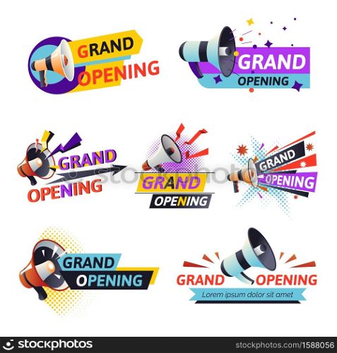 Start or beginning ceremony, grand opening isolated icon vector. Event celebration and congratulation, megaphone and confetti. Loudspeaker or bullhorn, cutting ribbon ritual, promotion and advertising. Open ceremony or grand opening isolated icon, event celebration