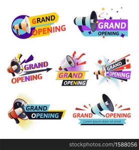 Start or beginning ceremony, grand opening isolated icon vector. Event celebration and congratulation, megaphone and confetti. Loudspeaker or bullhorn, cutting ribbon ritual, promotion and advertising. Open ceremony or grand opening isolated icon, event celebration
