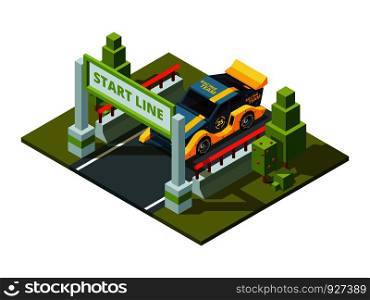 Start race cars. Isometric sport pictures in cartoon style. Car isometric race, sport competition speed start track illustration. Start race cars. Isometric sport pictures in cartoon style