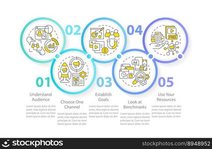 Start social media advertising circle infographic template. Data visualization with 5 steps. Editable timeline info chart. Workflow layout with line icons. Myriad Pro-Regular font used. Start social media advertising circle infographic template