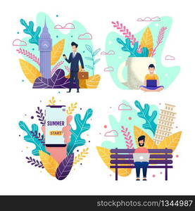 Start Summer Vacation and Choose Freelance Motivation Set. Flat Business People and Freelancer Working Online and Resting Abroad in Europe. Recreation and Distant Work. Vector Cartoon Illustration. Start Summer Vacation and Choose Freelance Set