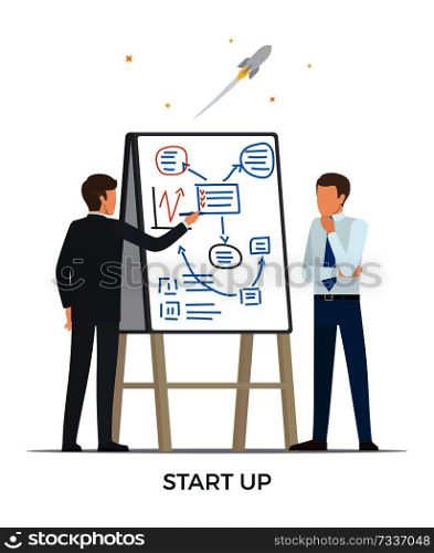 Start up and rocket launched, people writing their ideas on interactive board and sharing thoughts vector illustration isolated on white. Start Up and Rocket Vector Illustration White