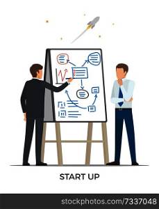 Start up and rocket launched, people writing their ideas on interactive board and sharing thoughts vector illustration isolated on white. Start Up and Rocket Vector Illustration White